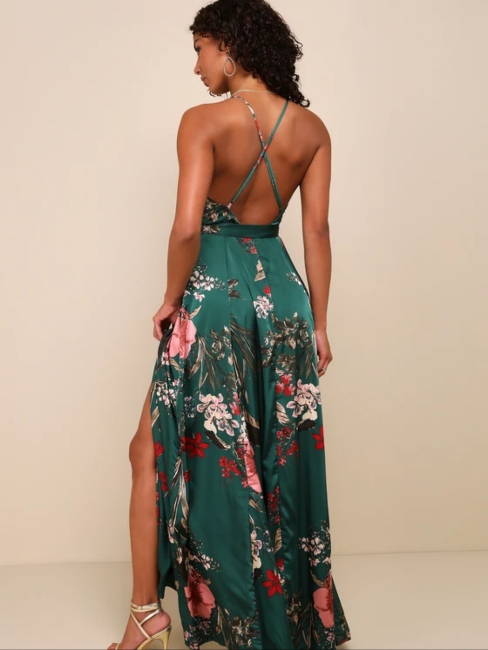 Lulu's Emerald Green Floral Wrap Maxi Dress with Pink & Red Accents - Picture 5 of 12